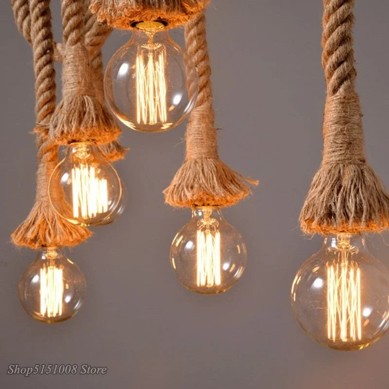 suspension lumineuse industrielle corde tressée naturelle ampoules filaments noir rustic