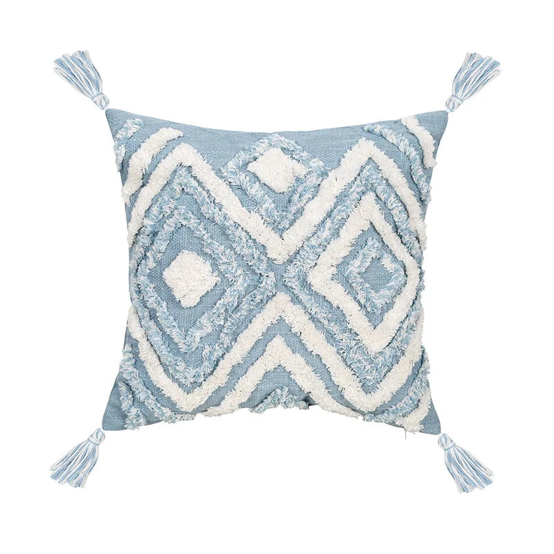 coussin decoratif bleu blanc motif geometrique moderne boho chic amovible lavable tassel adhésif coton