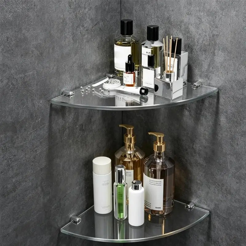 étagère angle transparente moderne fixée clips métalliques pliable mur douche salle bain acrylique sans