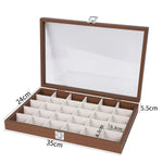 boîte rangement bijoux 33cm 22cm 24 compartiments bois marron clair velours blanc cadenas classique