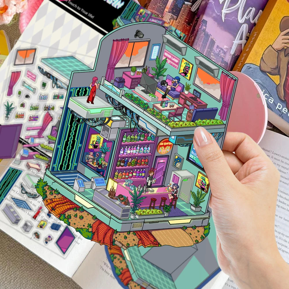miniature 3d scène cyberpunk détails urbains meubles personnages affiches bleu gris rose vert