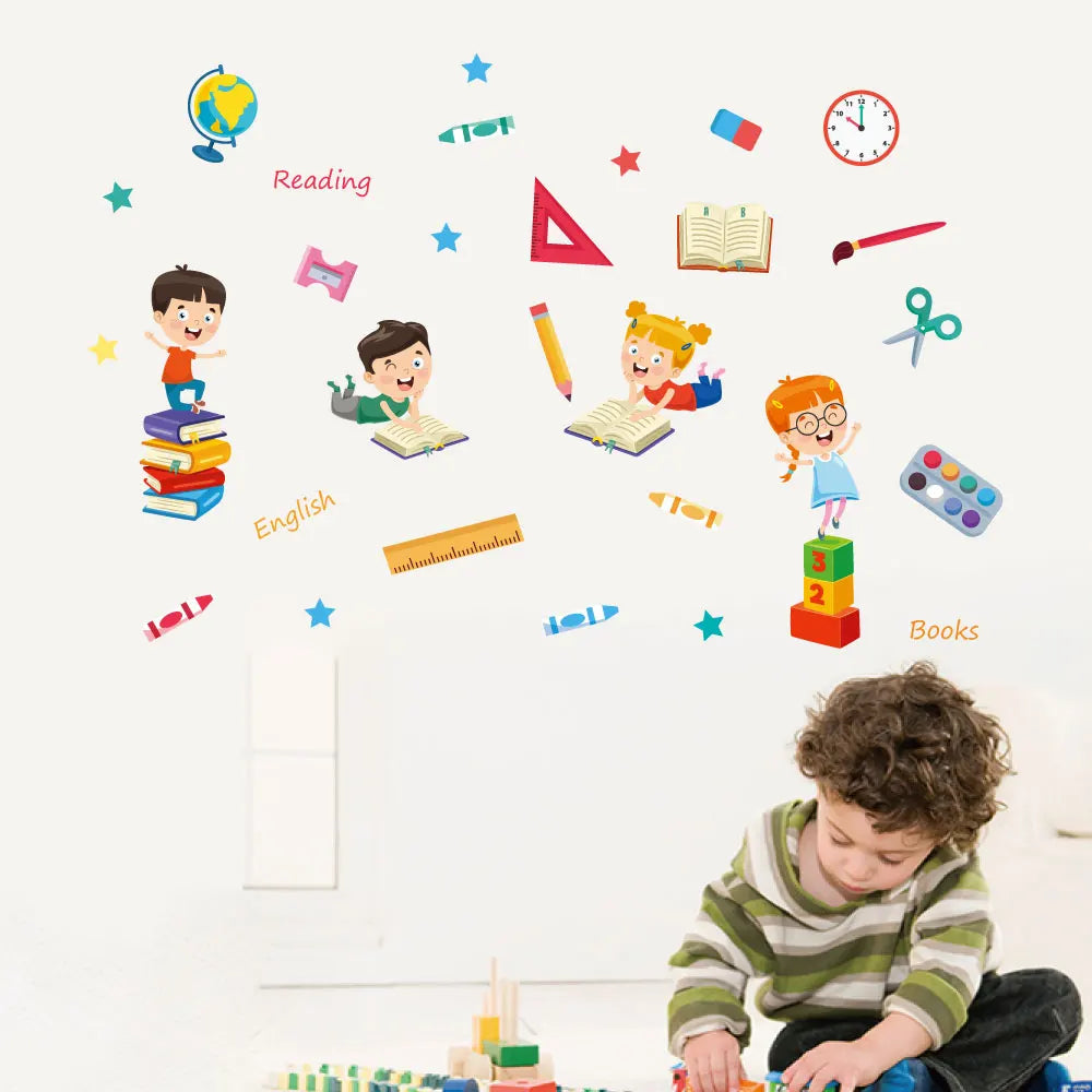 sticker mural multicolore thème scolaire enfants livres crayons règle globe adhésif décoration chambre enfants