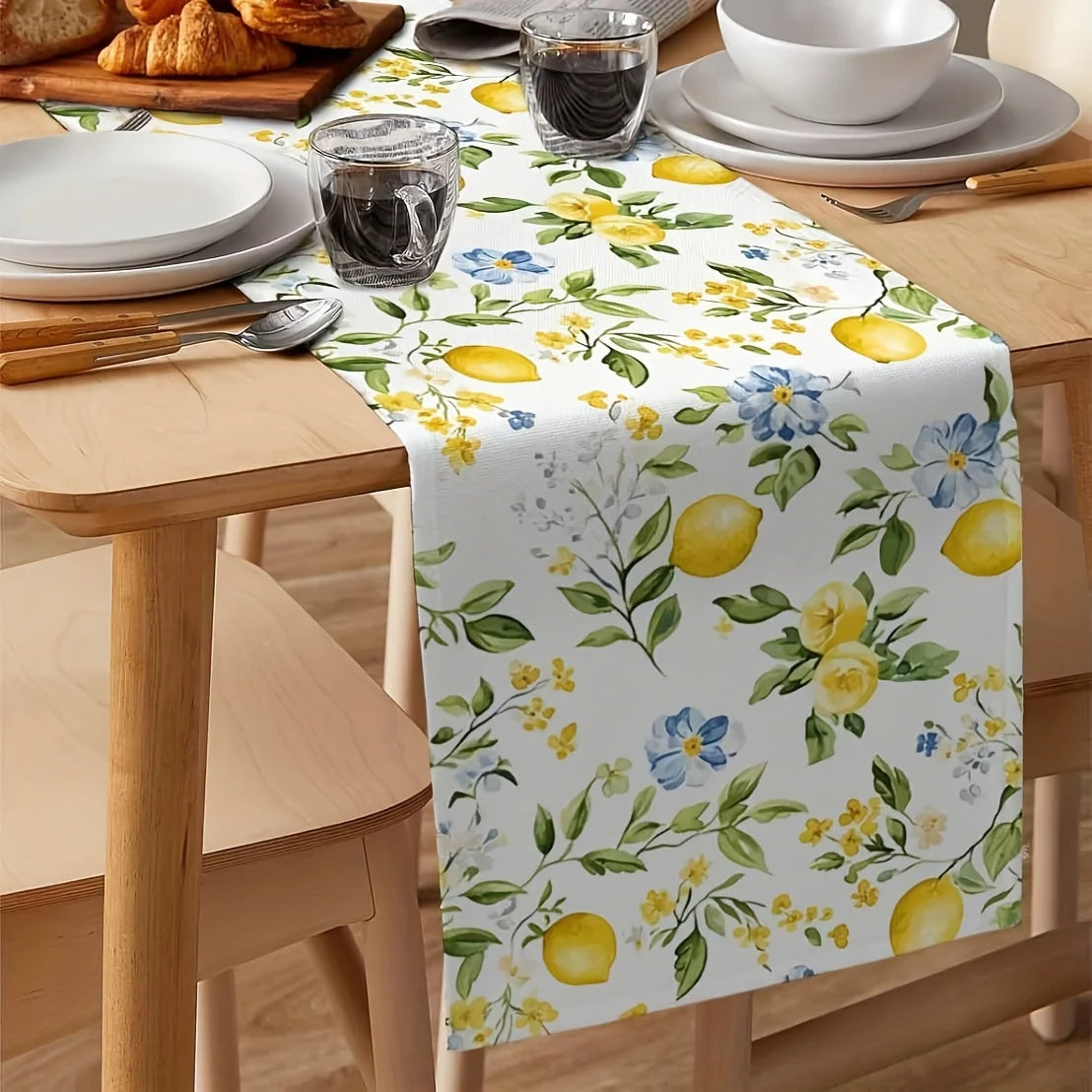 chinois table lin motif floral citrons fleurs feuilles blanc jaune vert bleu decorative rustic