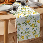chinois table lin motif floral citrons fleurs feuilles blanc jaune vert bleu decorative rustic