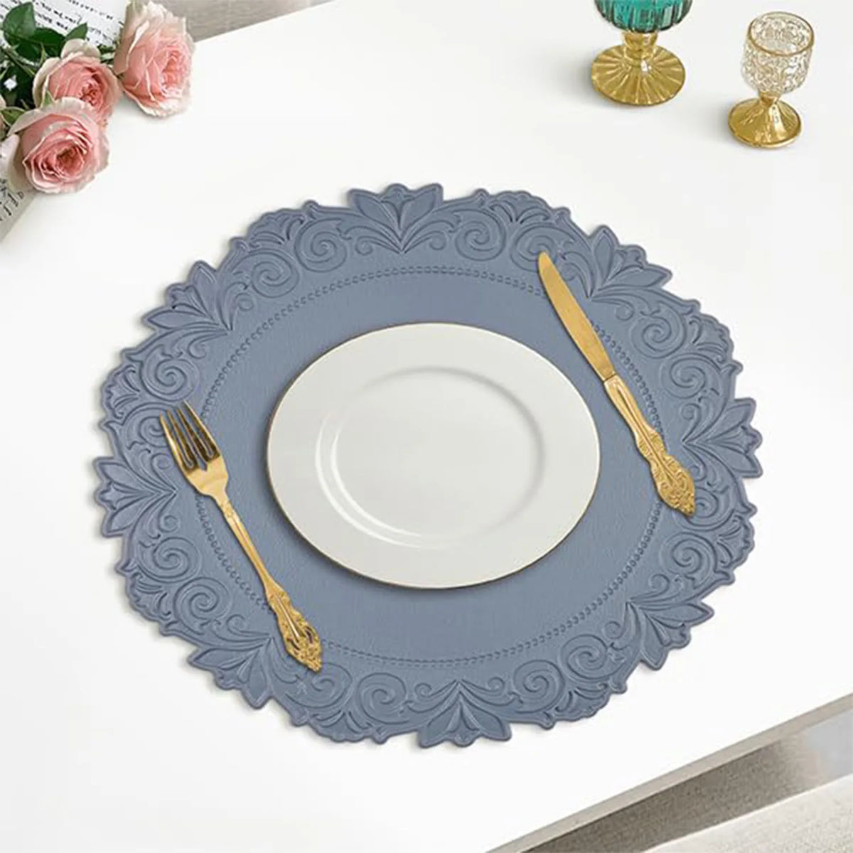 Placemats ronds faux cuir ornements floraux gris classiques résistants l'eau chaleur