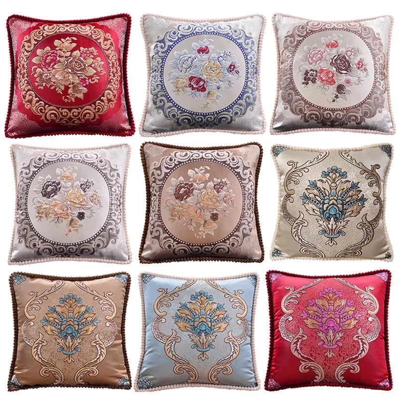 taie d'oreiller polyester broderies florales beige rouge bleu clair marron gris maison hospitalière élégante