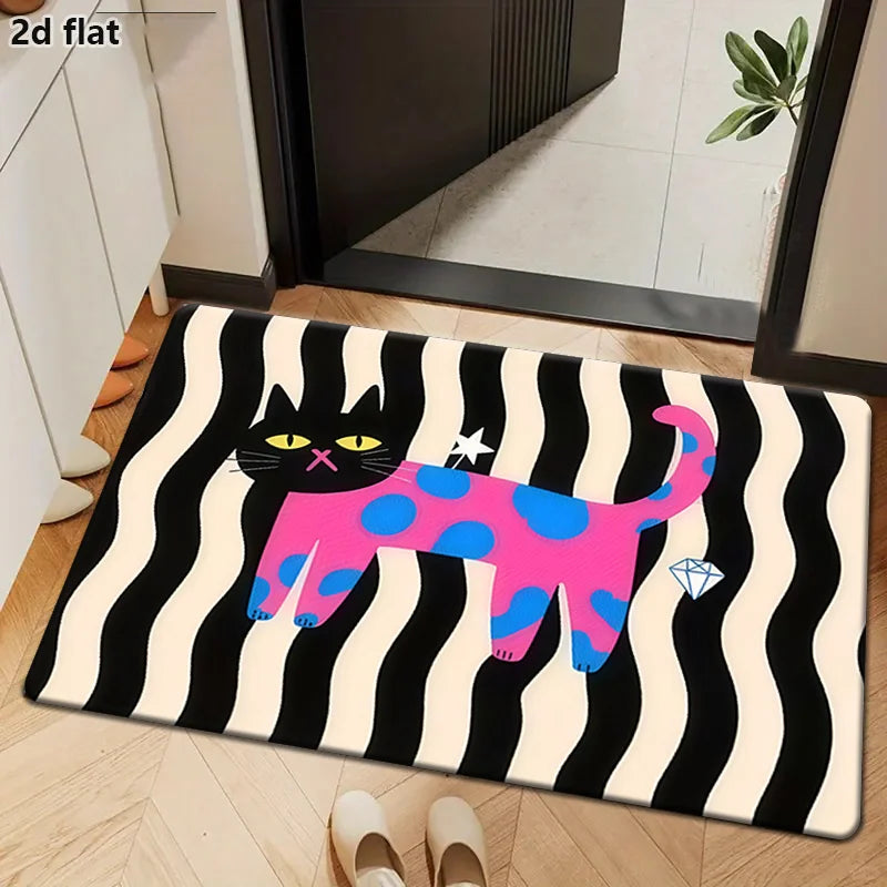 tapis moderne graphique chat dessin animé noir blanc rose bleu gris antidérapant polyester feutre