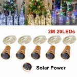 guirlande lumineuse solaire 20 led blanc doré moderne adhésif 2m câble 10 capuchons bouteille