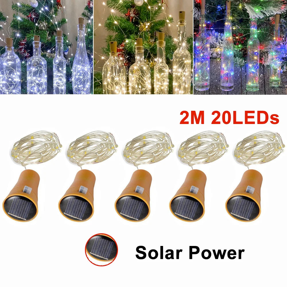 guirlande lumineuse solaire 20 led blanc doré moderne adhésif 2m câble 10 capuchons bouteille