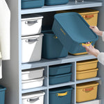 boîtes rangement plastique bleu blanc jaune rayures poignées couvercle moderne respectueux environnement