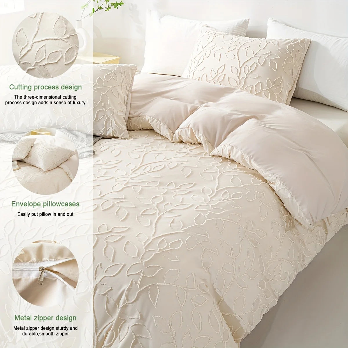 ensemble literie boho beige motif feuilles tissu brossé couvre lit taies oreiller double simple
