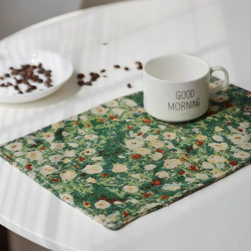 serviette table vintage fleurie polyestercoton couleurs vrb blanc tasse good morning