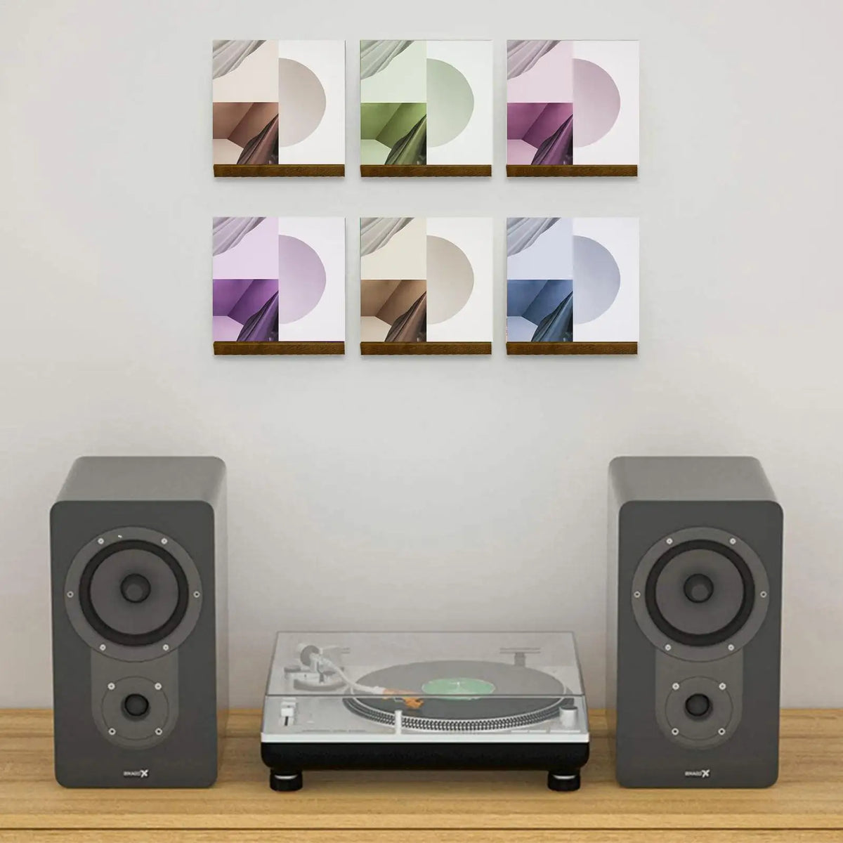 support mural bois disques vinyles moderne marron vis fixation tasseaux exposé