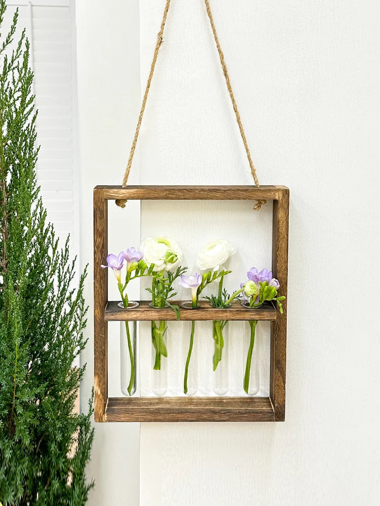 cadre mural suspendu bois naturel blanc tubes verre fleurs artificielles rustique minimaliste cordelette chanvre
