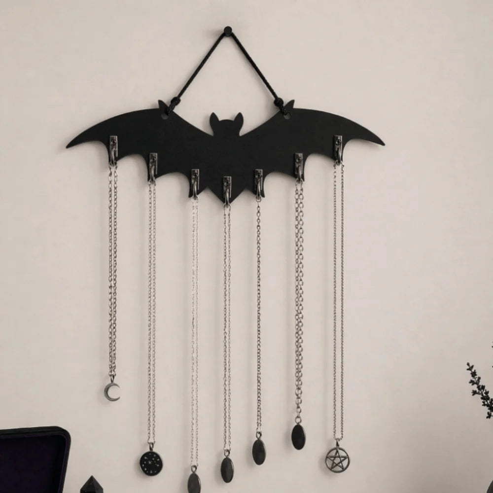 porte bijoux gothique chauve souris argenté noir patère murale crochets colliers pendentifs