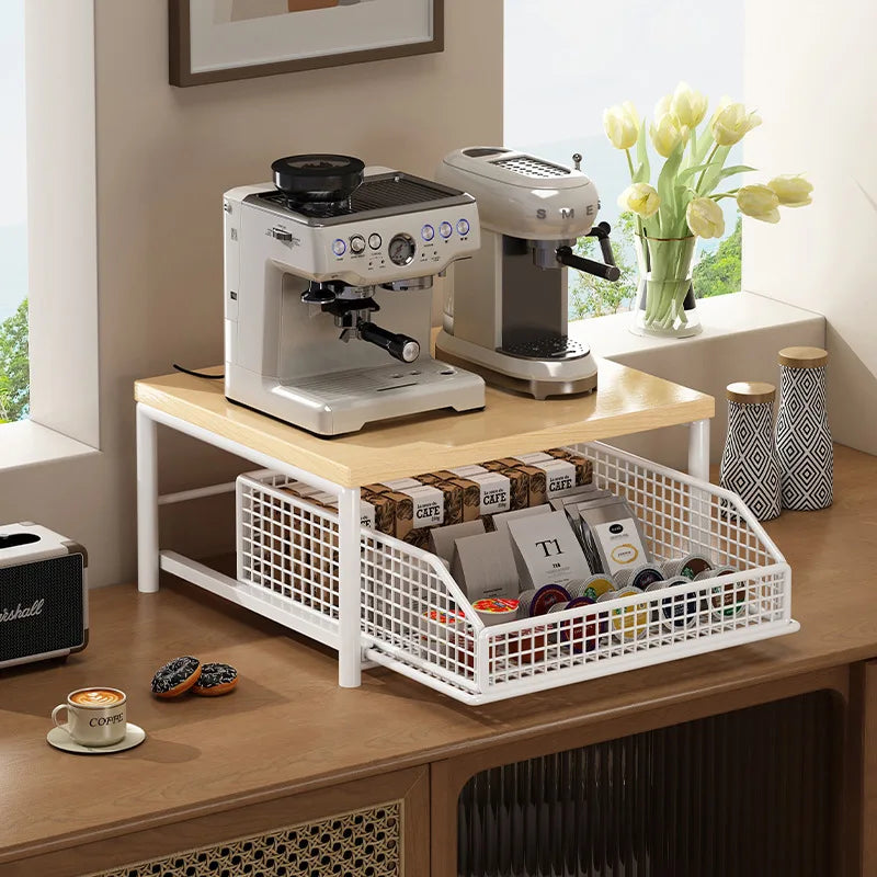 meuble rangement cuisine noir tiroir grille bois compartiments organisation dosettes thé minimaliste