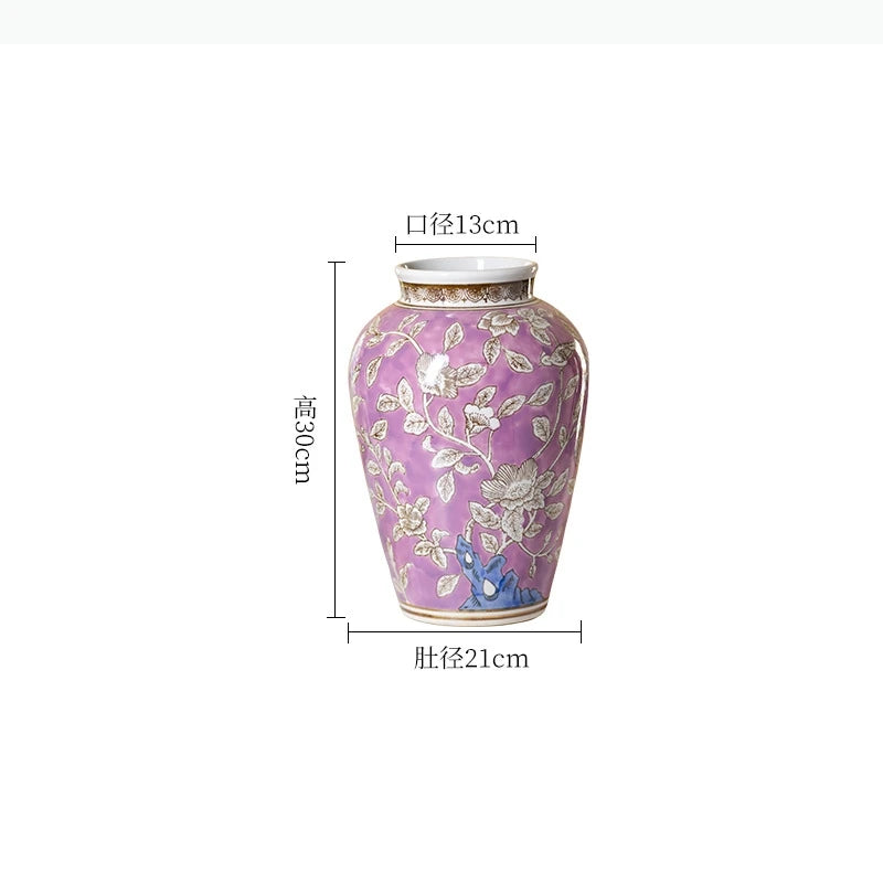 vases chinois classiques violet blanc motifs fleurs vertes opaques arrangement