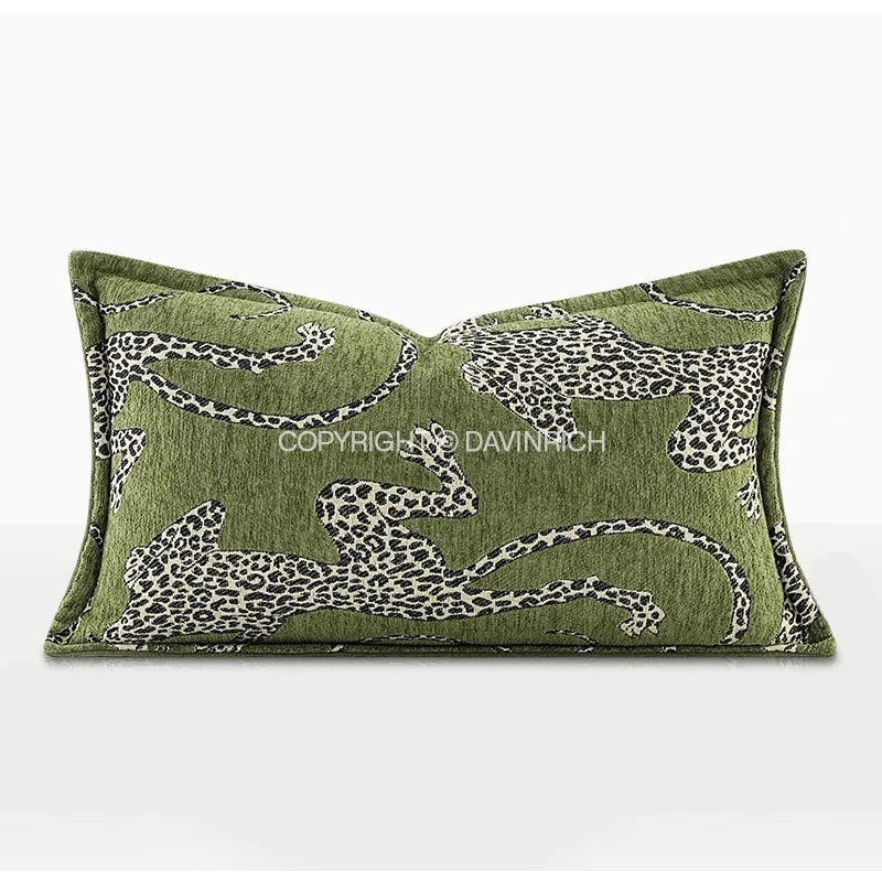 taies d'oreiller jacquard léopard vert olive moderne respectueuses environnement polyester 100% decoration maison