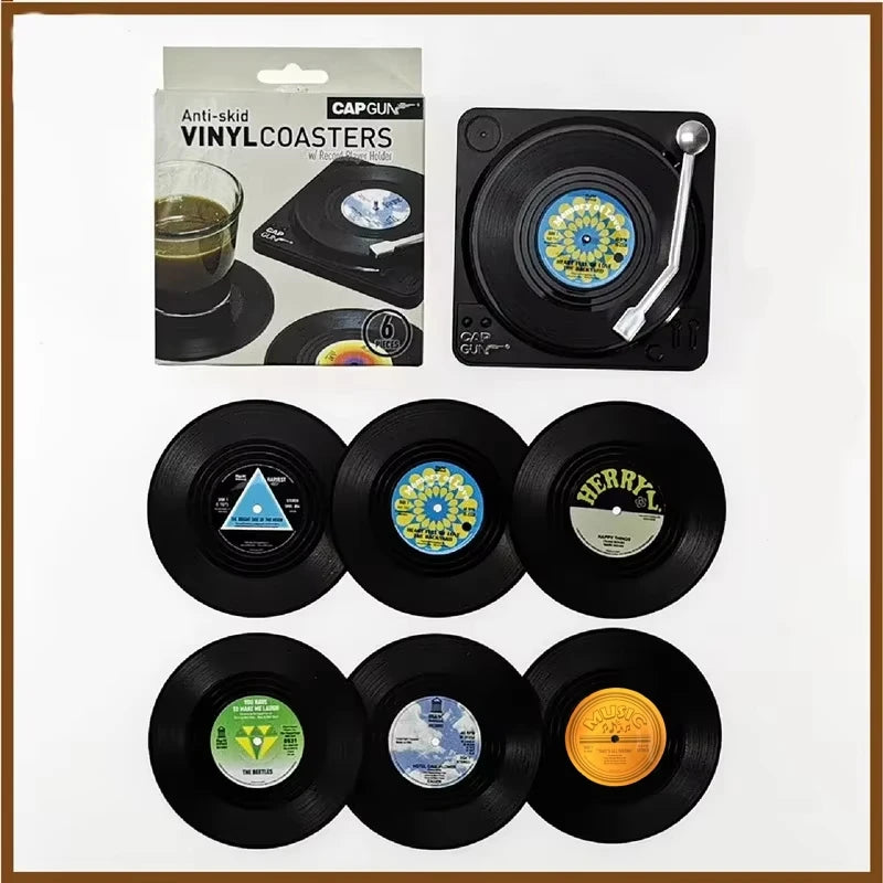 coasters vintage rockabilly noir motifs disques vinyle blancs résistants chaleur antidérapants plastique respectueux environnement