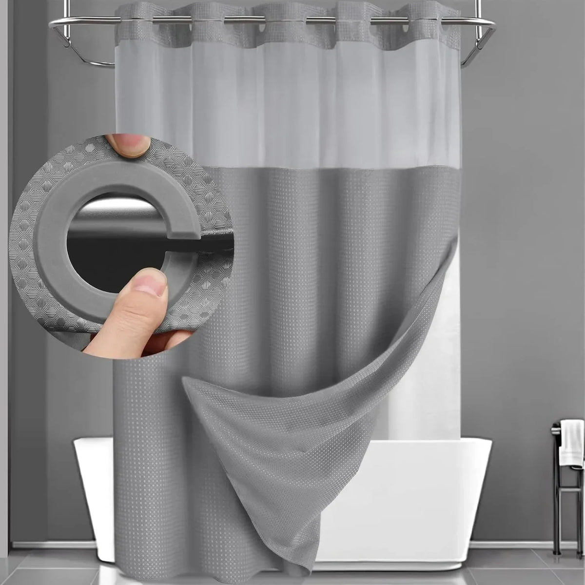 rideau douche moderne blanc translucide polyester 183x190cm anneau intégré