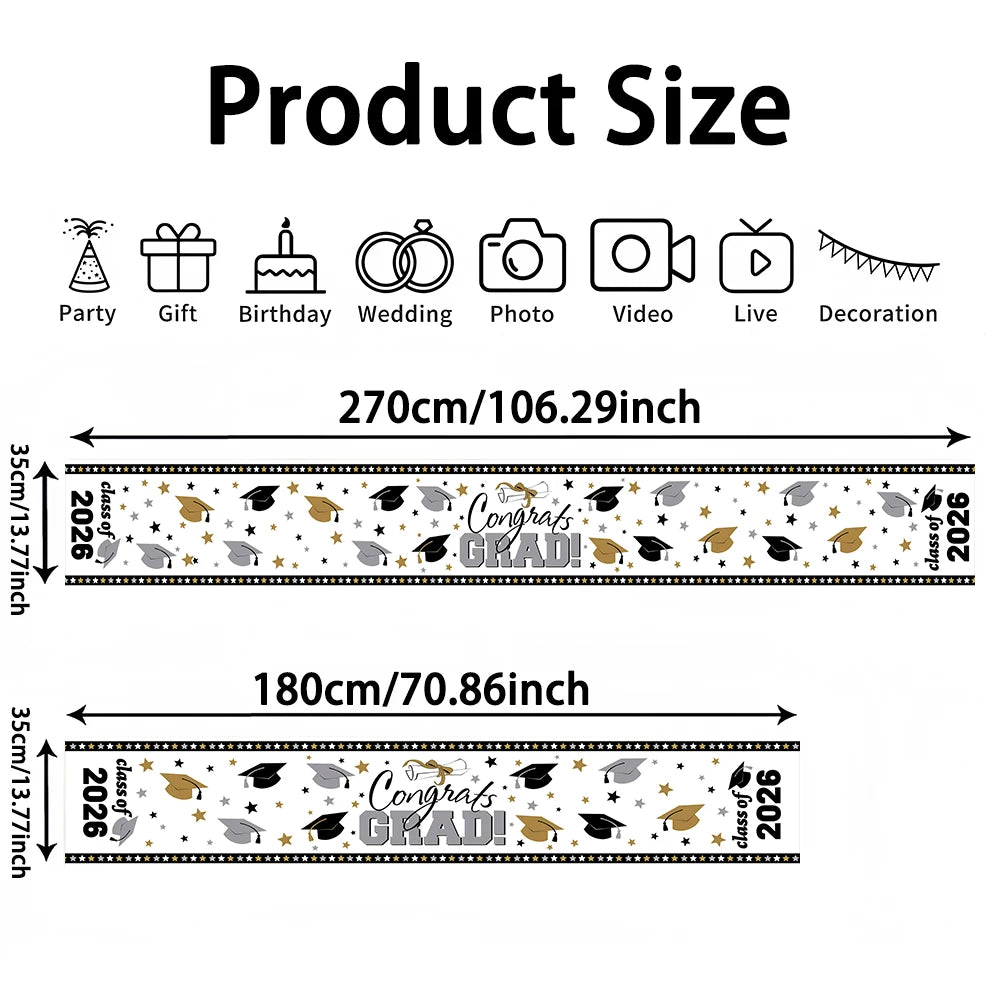 table runner graduation étoiles casquettes congrats grad class 2026 blanc or argent polyester festif