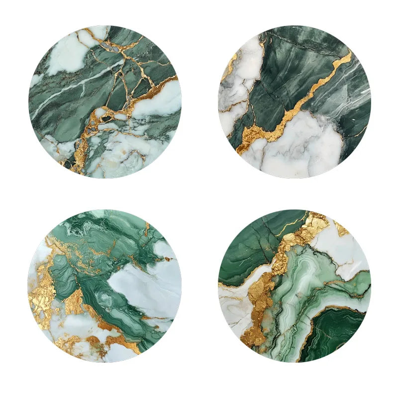 sous verres imitation marbre moderne élégants vert foncé blanc doré antidérapants bois ensemble quatre