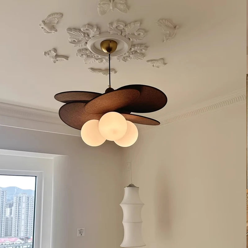 lustre moderne marron foncé doré tissé boules verre disques bois salon chambre suspension lumière