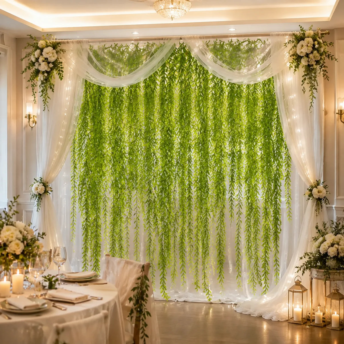 rideau artificiel feuilles vert clair décoration intérieure anniversaire baby shower mariage préparation