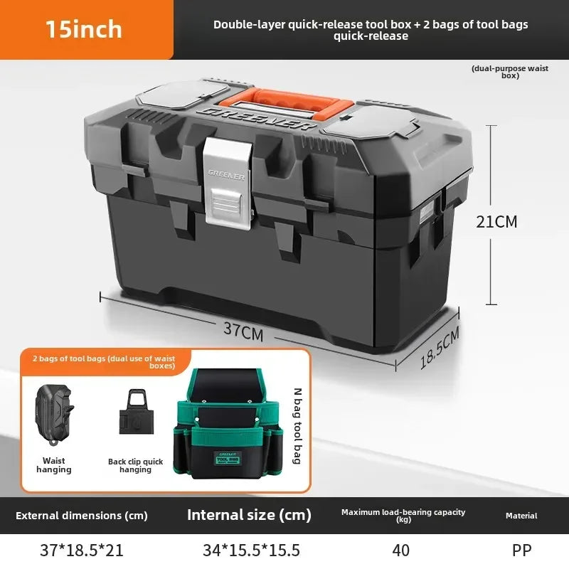 boîte outils noire orange clips multifonctionnelle perceuse batterie sac clé douille première secours lampe