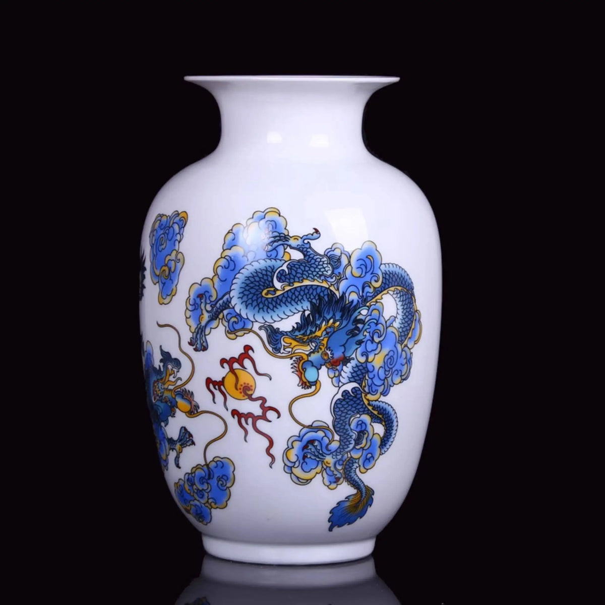 vase céramique traditionnel chinois blanc rouge bleu oiseaux bambous calligraphie paysagesOpaque 22cm