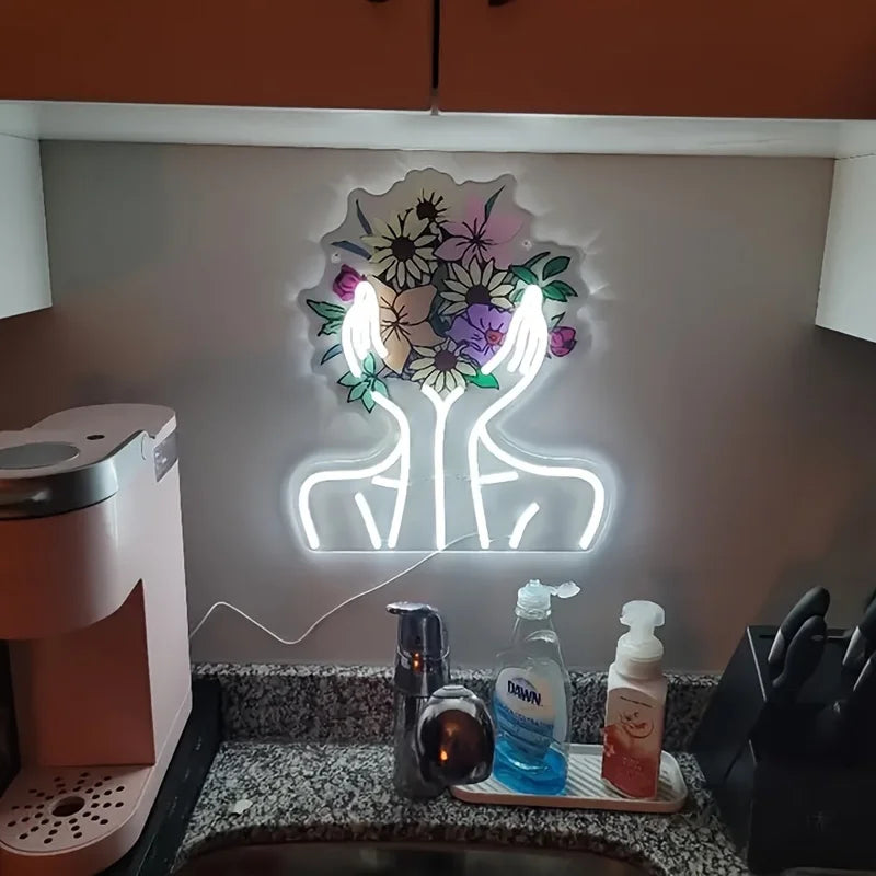 Enseigne LED murale femme et fleurs - Éclairage chaud inférieur à 2700K