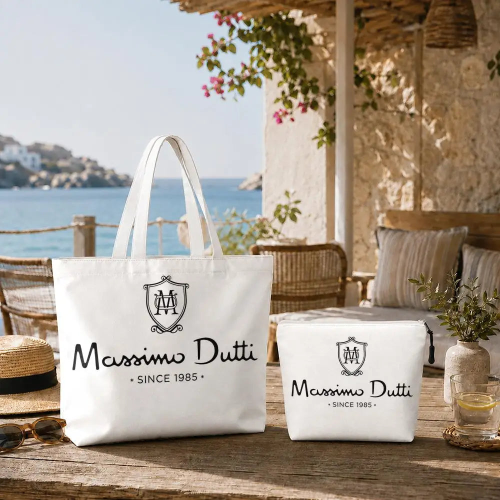 sac main toile blanche pochette logo poignées détachables fermeture éclair