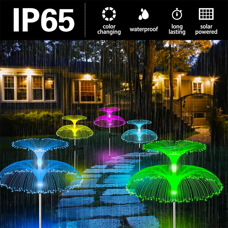 décoration extérieure moderne lampes solaires led violet jaune bleu vert fibres optiques gazon champignons