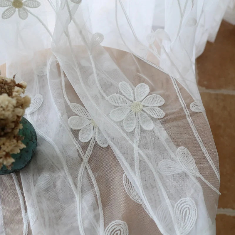rideau transparent brodé fleurs blanc romantique maison polyester plissé