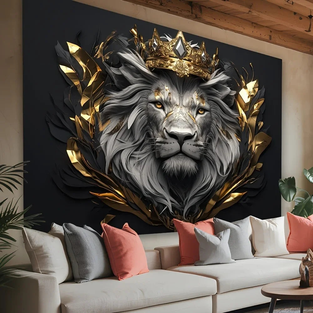 toile d'art portrait lion royal couronne feuilles dorées gris noir élégante décorative chambre salon