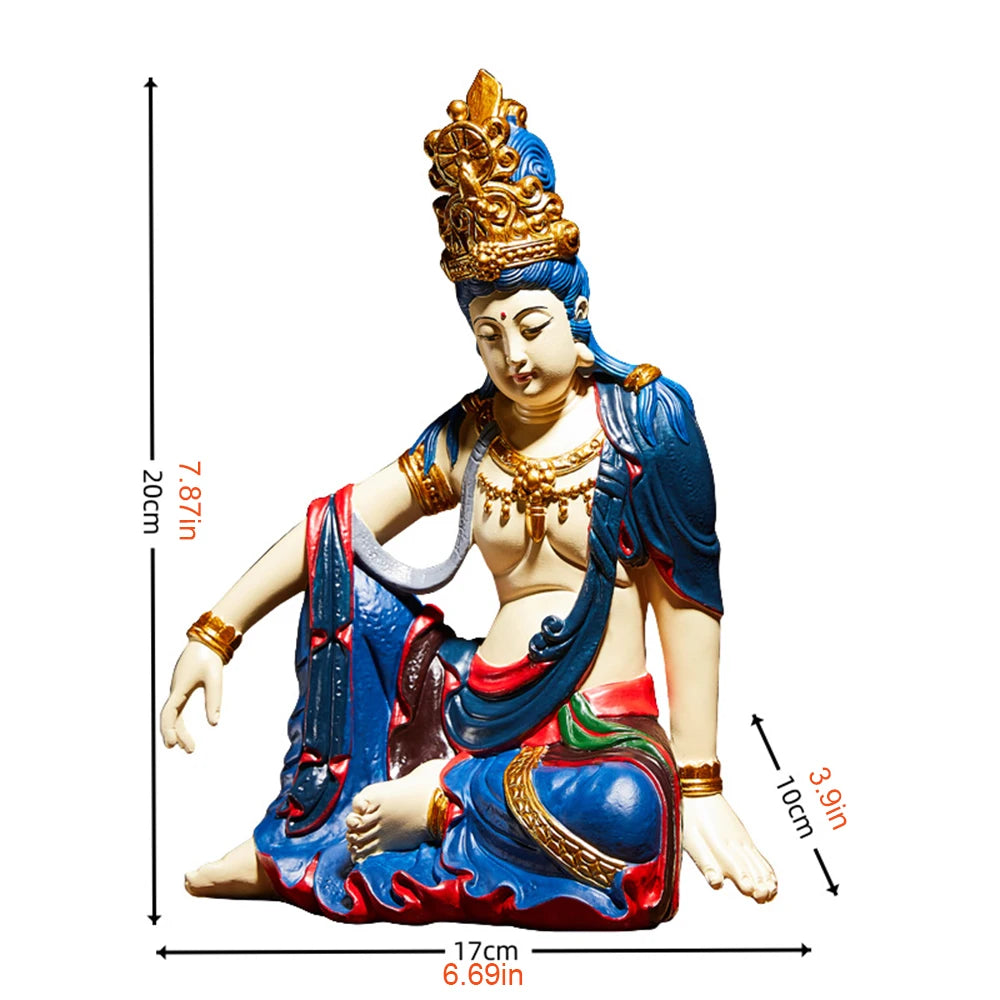 statue bouddha avalokitesvara résine bleu rouge doré bijoux motifs floraux décoration intérieure chinoise classic