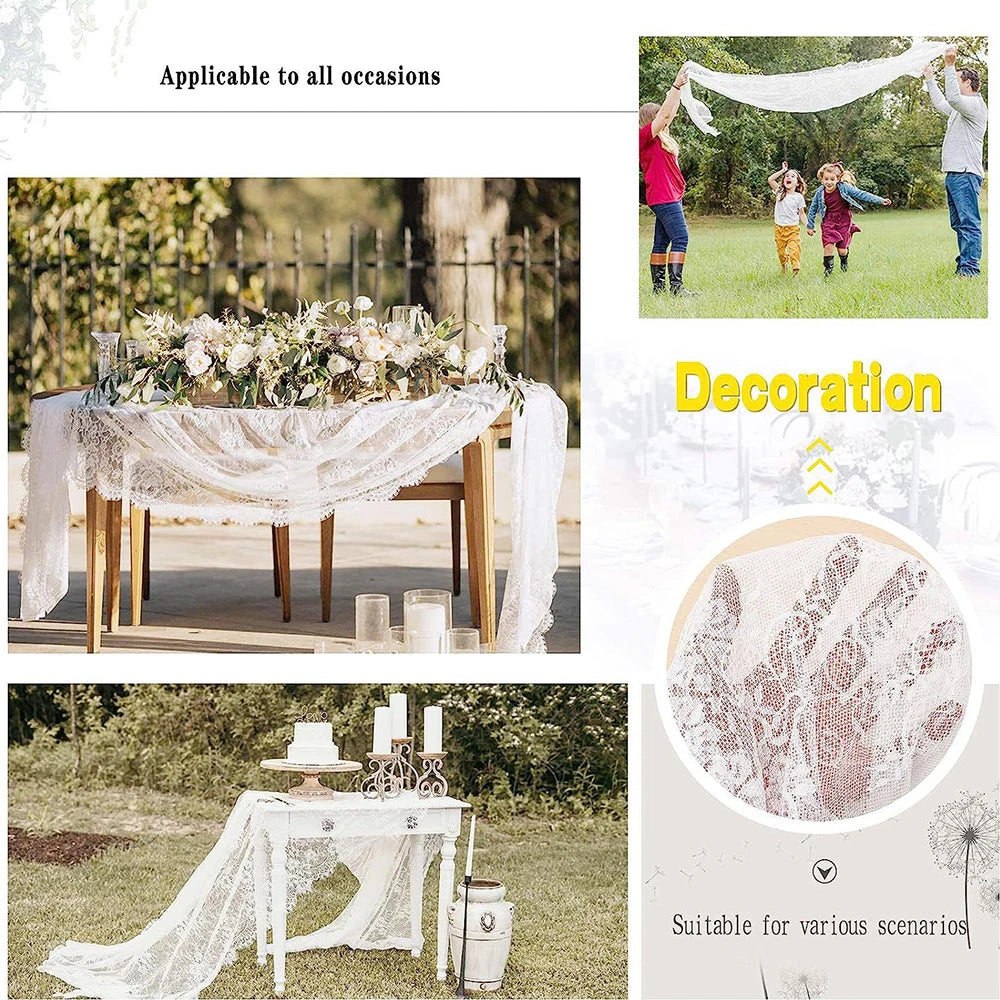 nappe dentelle blanche mariage transparente romantique boho décoration table réutilisable festive fleurs argentées
