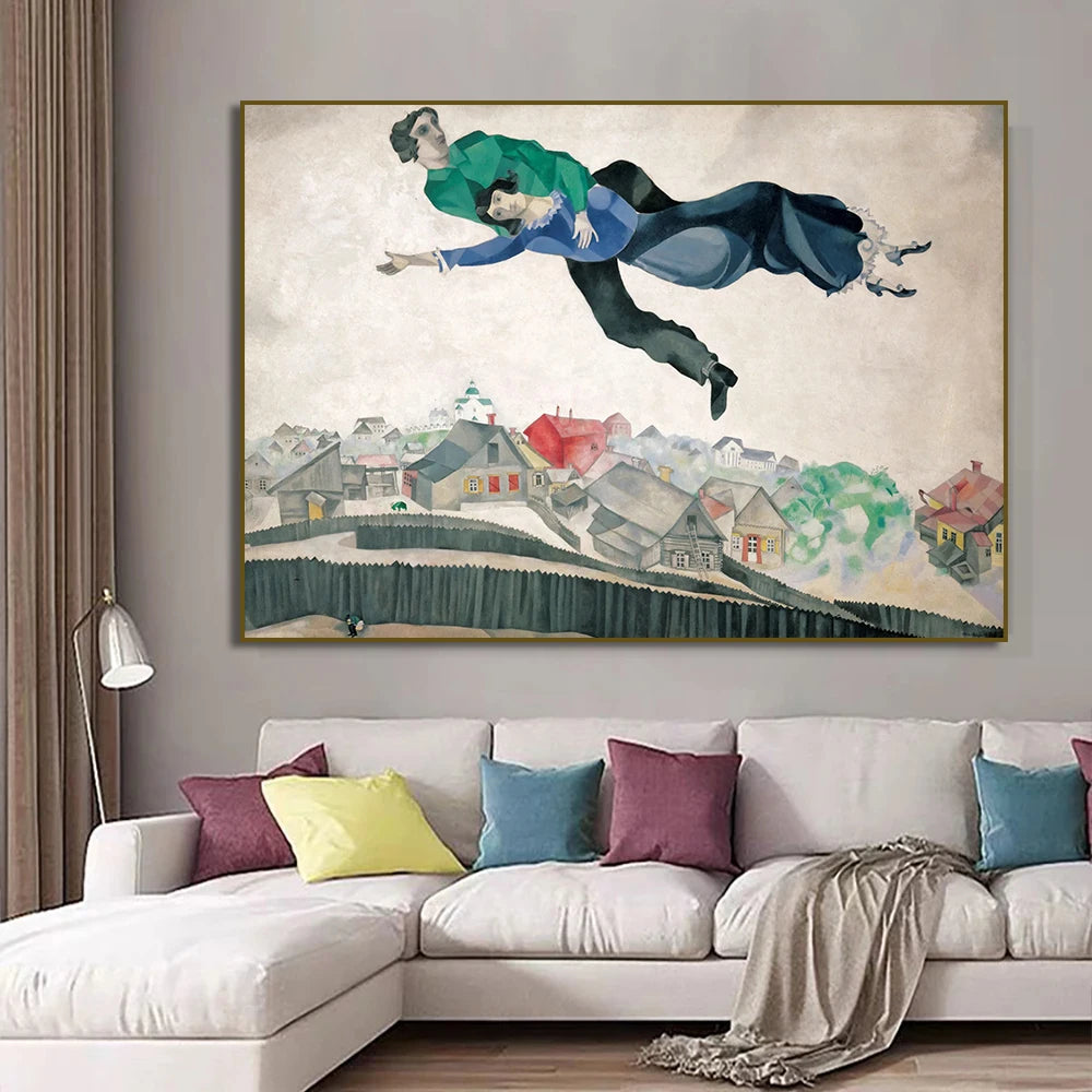 toile d'art illustration deux personnes volant village contemporain vert bleu gris beige noir