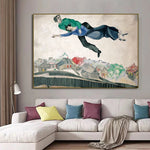 toile d'art illustration deux personnes volant village contemporain vert bleu gris beige noir