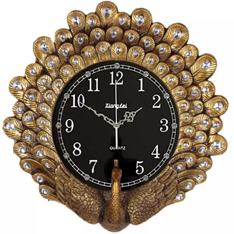horloge murale solaire résine paon plumes dorées décoratif salon vintage aiguilles