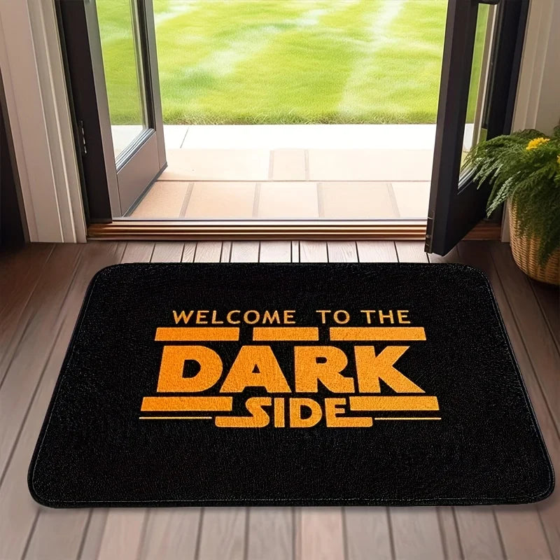 tapis d'entrée moderne bienvenue dark side noir orange antidérapant imperméable graphique polyester PVC