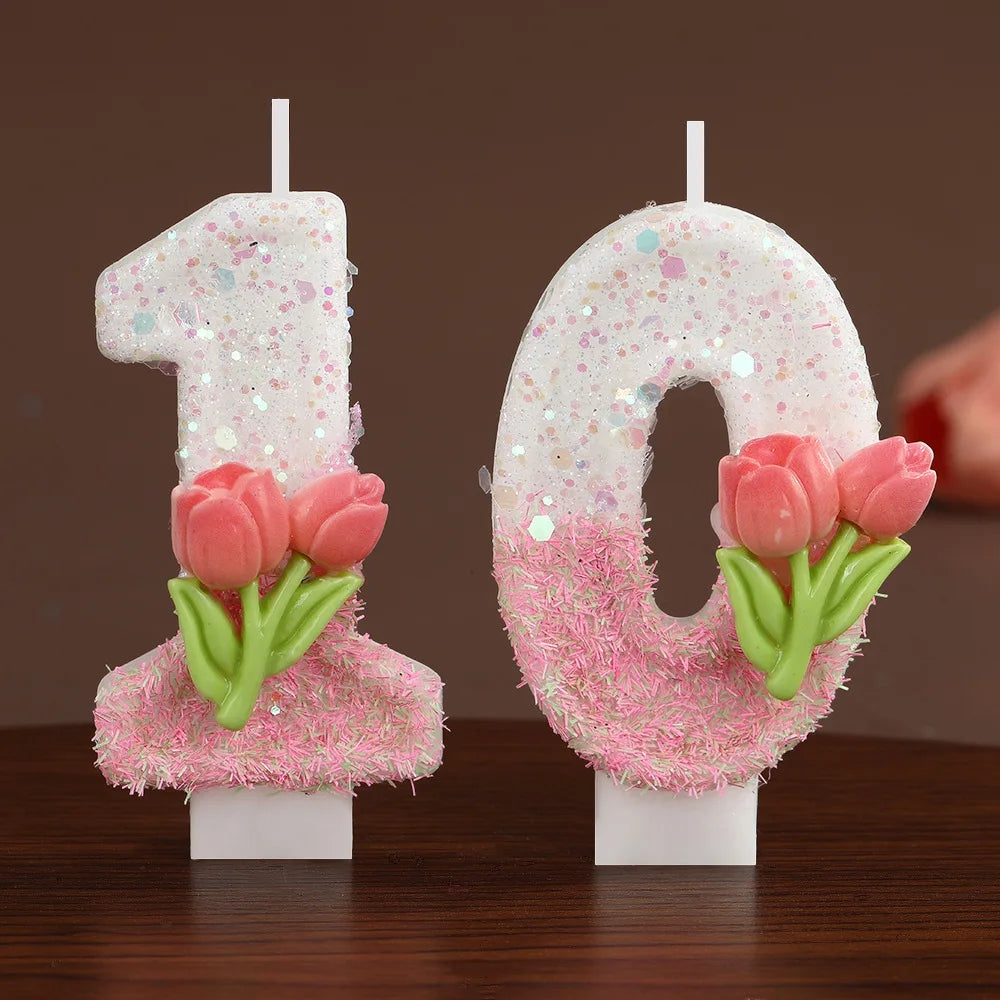bougies forme chiffres blanc rose vert paillettes fleurs roses feuilles vertes festive tringle boîte