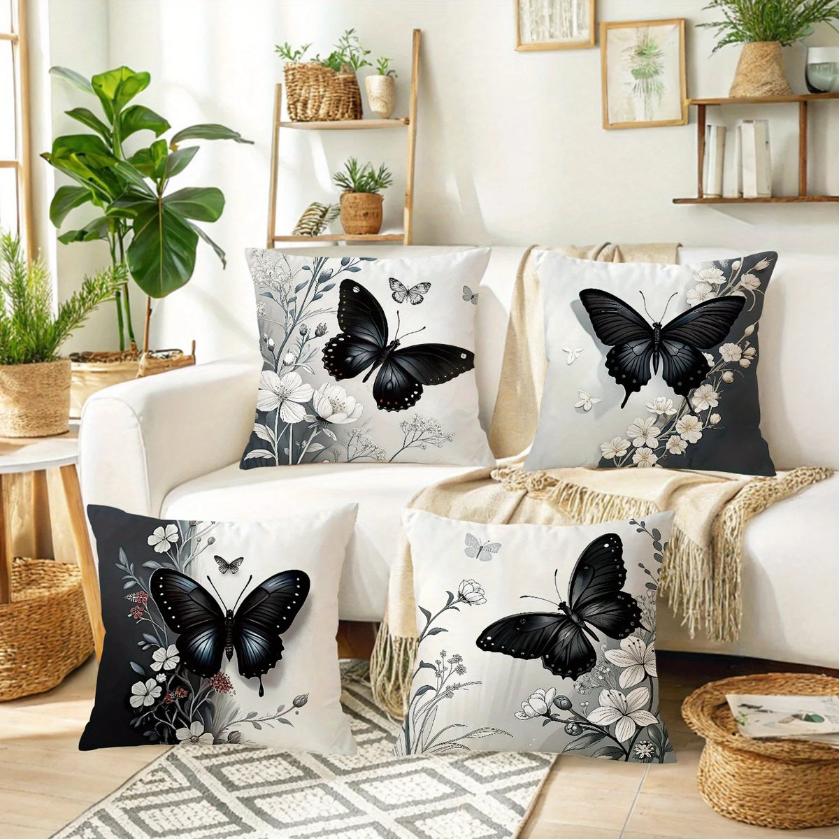 taies d'oreiller moderne papillon fleurs noires blanches grises 45x45cm polyester chambre décoration maison