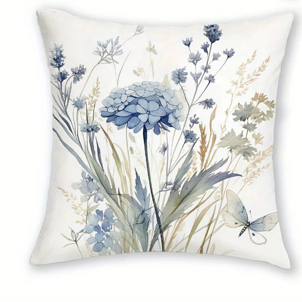 taies d'oreiller imprimées fleurs papillons blanc bleu vert polyester lit chambre décoration maison classique