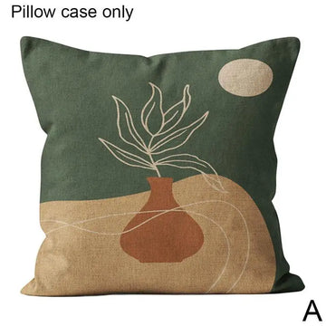 coussin carré vert foncé motif abstrait beige orange décoration salon moderne texture lin 45x45cm