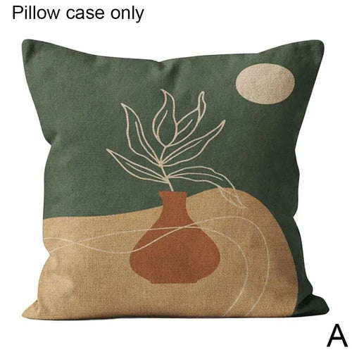 coussin carré vert foncé motif abstrait beige orange décoration salon moderne texture lin 45x45cm