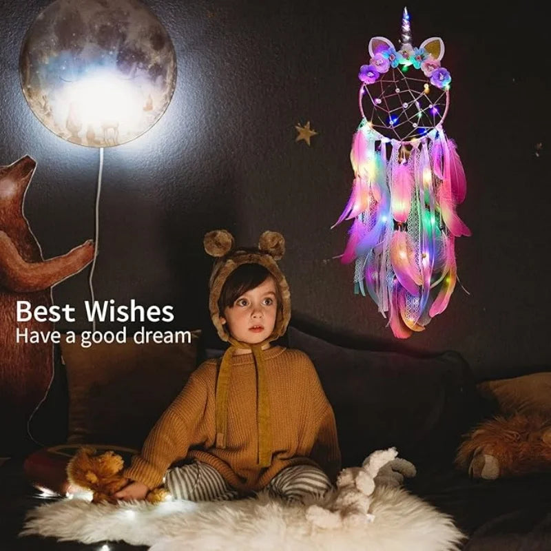 Attrape rêves multicolore plumes fantaisie licorne décoration chambre enfants toile d'araignée fleurs murales