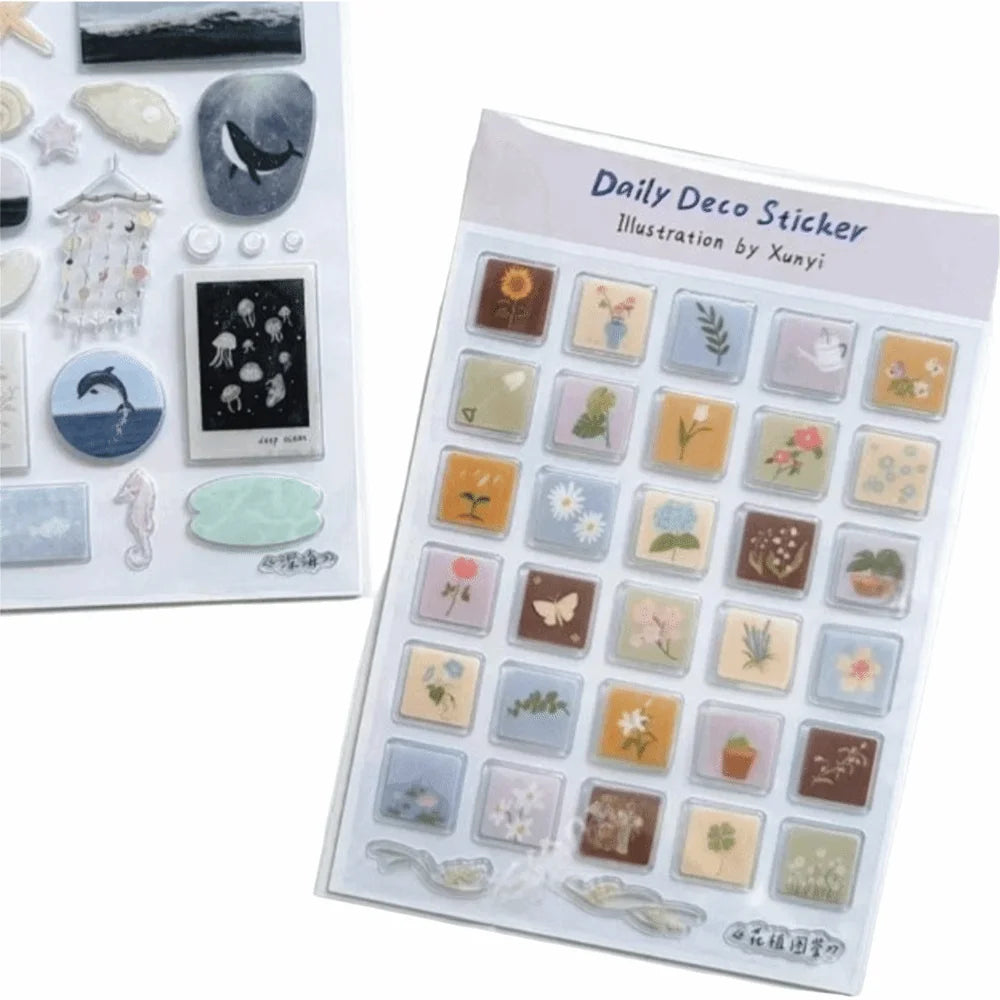 sticker décoratif océan multicolore animaux marins fleurs oiseaux paysages diy journal illustration