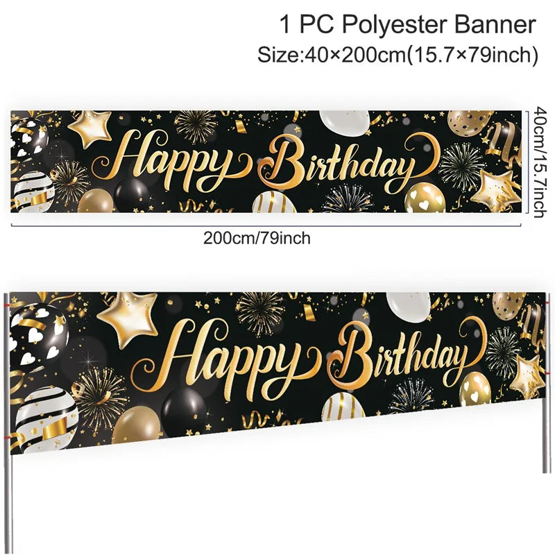 bannière anniversaire enfant moderne happy birthday ballons confettis clips doré noir festive