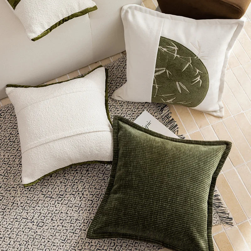 coussins brodés bambou blanc vert olive nordique contemporain décoration maison voiture